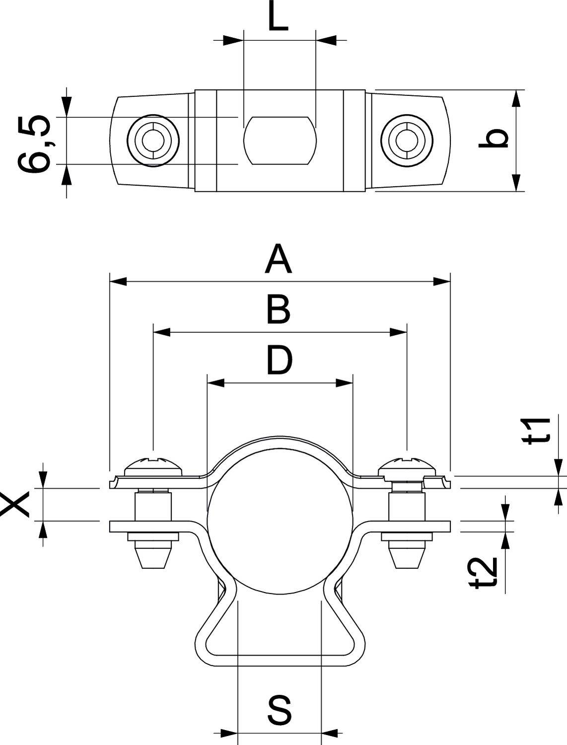 Rysunek techniczny kompletu obejm rurowych z wymiarami. Na górze: widok z góry z długością 'L'. Na dole: widok z przodu z szerokością 'A', 'B', 'D' i 'X'.