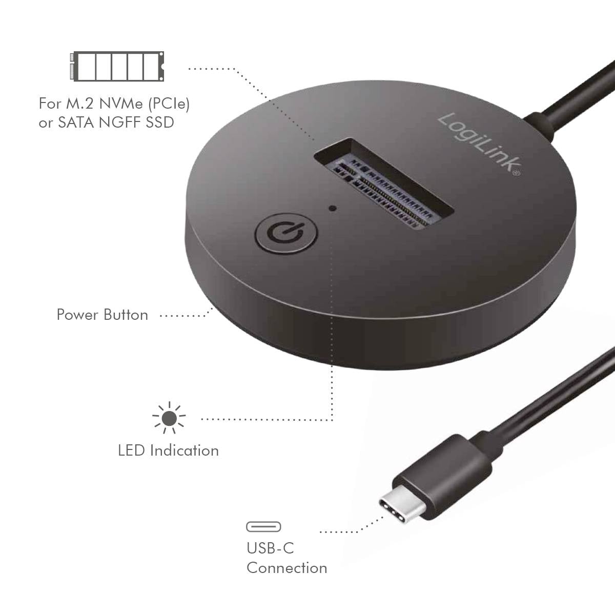 Stacja dokująca do dysków zewnętrznych z interfejsem USB-C, kompatybilna z dyskami M.2 NVMe lub SATA NGFF SSD, z przyciskiem zasilania i wskaźnikiem LED.