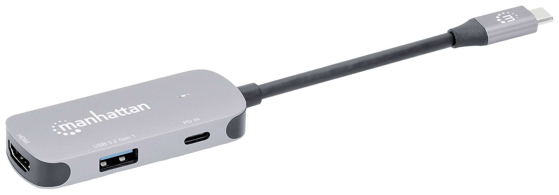Adapter USB-C z kablem przyłączeniowym, marka 'Manhattan'. Wyposażony w porty HDMI, USB i USB-C.