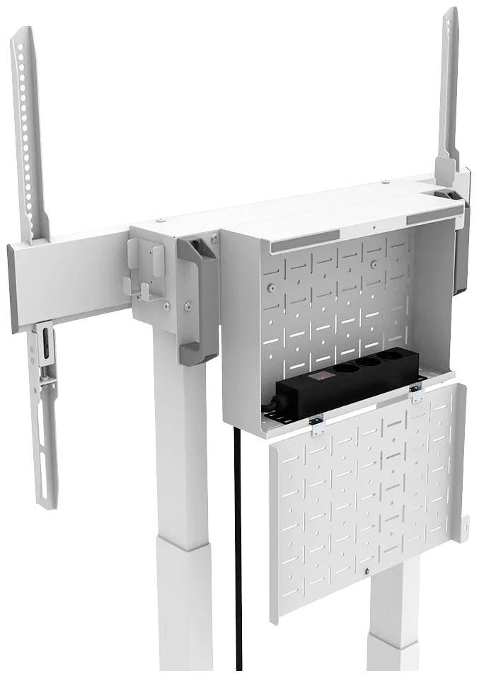 Ilustracja przedstawia biały stojak na telewizor z regulowanymi uchwytami i otwartą przestrzenią do organizacji przewodów.