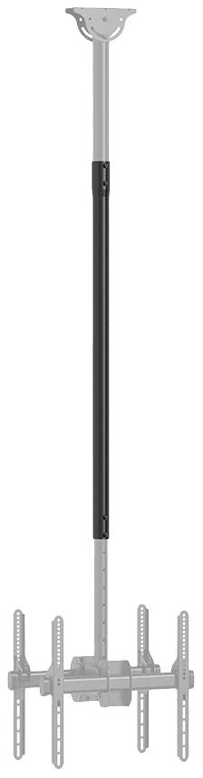 Regulowany sufitowy uchwyt do monitorów z teleskopową belką i systemem montażowym, przystosowany do instalacji wielu ekranów.