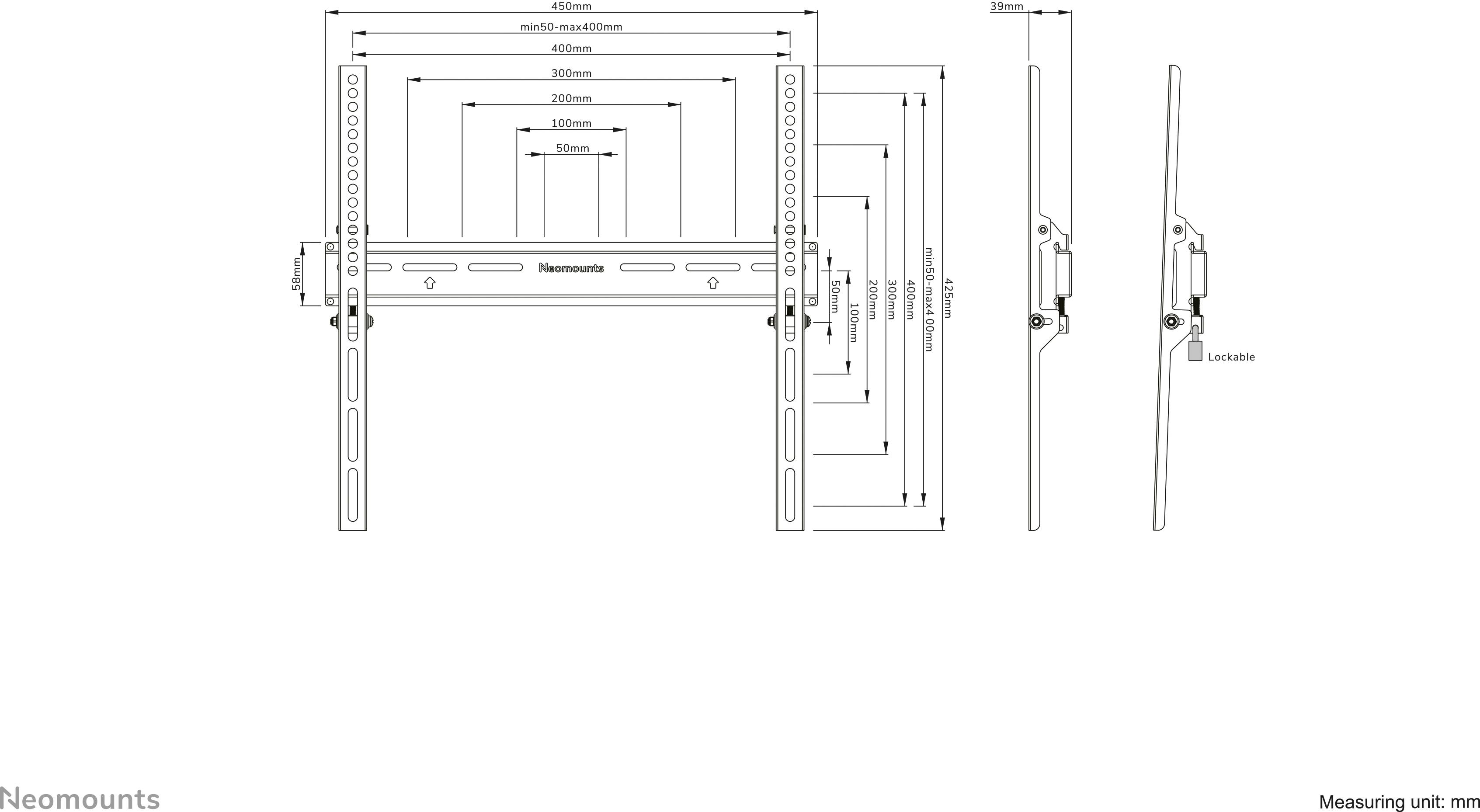 Diagram 'Neomounts Fernseherhalterung MAE-245' przedstawia instrukcję montażu z podanymi wymiarami w milimetrach, w widoku z boku i z przodu.