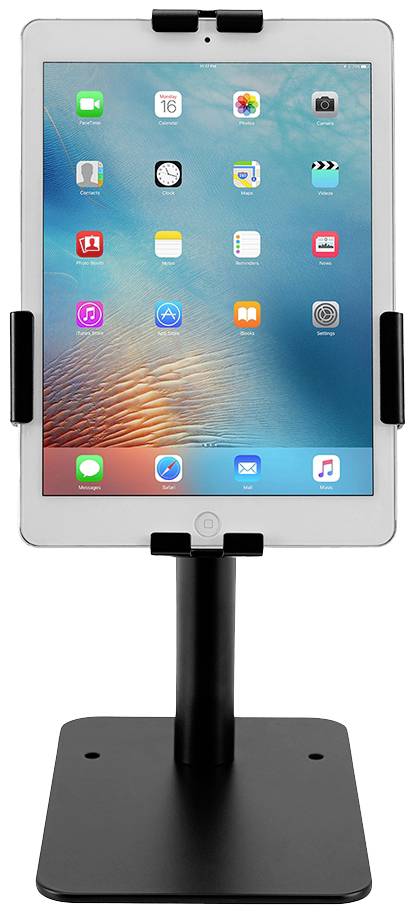 Tablet w czarnym stojaku wyświetla kilka kolorowych aplikacji na ekranie startowym. Tło jest niebiesko-pomarańczowe.