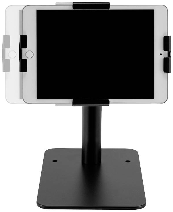 Metalowy uchwyt na tablet w kolorze czarnym, z możliwością regulacji nachylenia i obrotu, przeznaczony dla różnych rozmiarów tabletów, umożliwiający pionowe ustawienie.