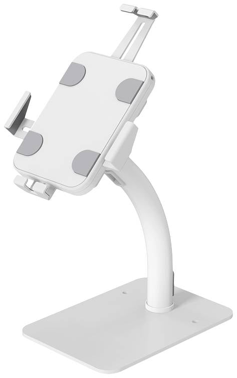 Biały, regulowany uchwyt do tabletu z solidną podstawą, przystosowany do różnych rozmiarów tabletów, przedstawiony z perspektywy bocznej.