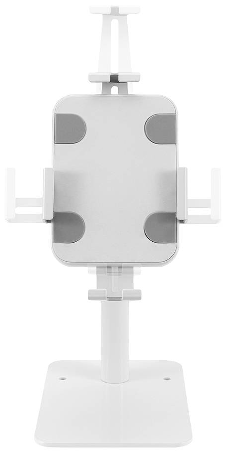 Biały, regulowany stojak na tablet z zaciskami do pewnego mocowania. Odpowiedni dla różnych rozmiarów tabletów.