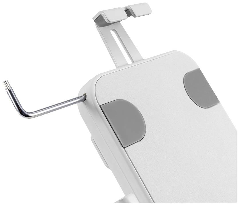 Biały uchwyt z szarymi akcentami, odpowiedni do tabletów lub smartfonów, regulowany za pomocą metalowego narzędzia do precyzyjnego ustawienia.