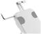 Biały uchwyt z szarymi akcentami, odpowiedni do tabletów lub smartfonów, regulowany za pomocą metalowego narzędzia do precyzyjnego ustawienia.