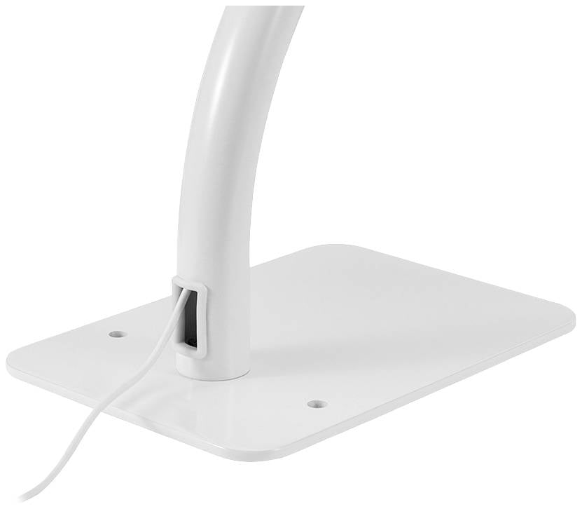 Biała, zakrzywiona lampa biurkowa z prostokątną podstawą. Przewód elektryczny wyprowadzony jest z wycięcia w podstawie.