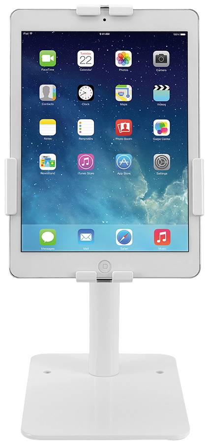 Tablet na białym stojaku, wyświetlający ekran startowy z ikonami aplikacji. Główny nacisk położony na prezentację i możliwości użytkowe tabletu.