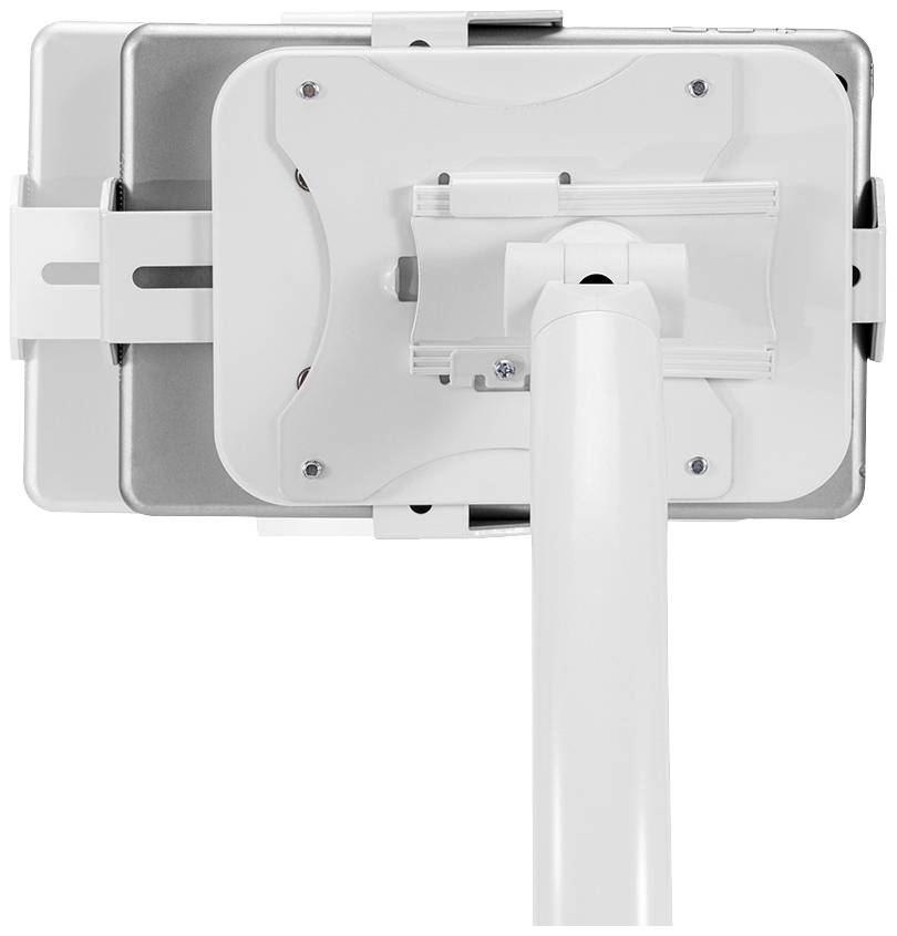 Tylna strona białego uchwytu zamocowanego na pionowym słupie. Uchwyt jest przeznaczony do zamontowania urządzenia.