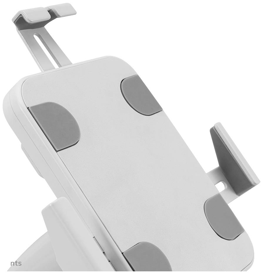 Biało-szary stojak z regulowanym uchwytem, odpowiedni do trzymania tabletu lub smartfona.