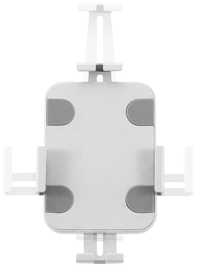 Uchwyt z szarego tworzywa sztucznego z regulowanymi zaciskami i wyściełanymi narożnikami, przeznaczony do mocowania urządzenia lub ekranu.