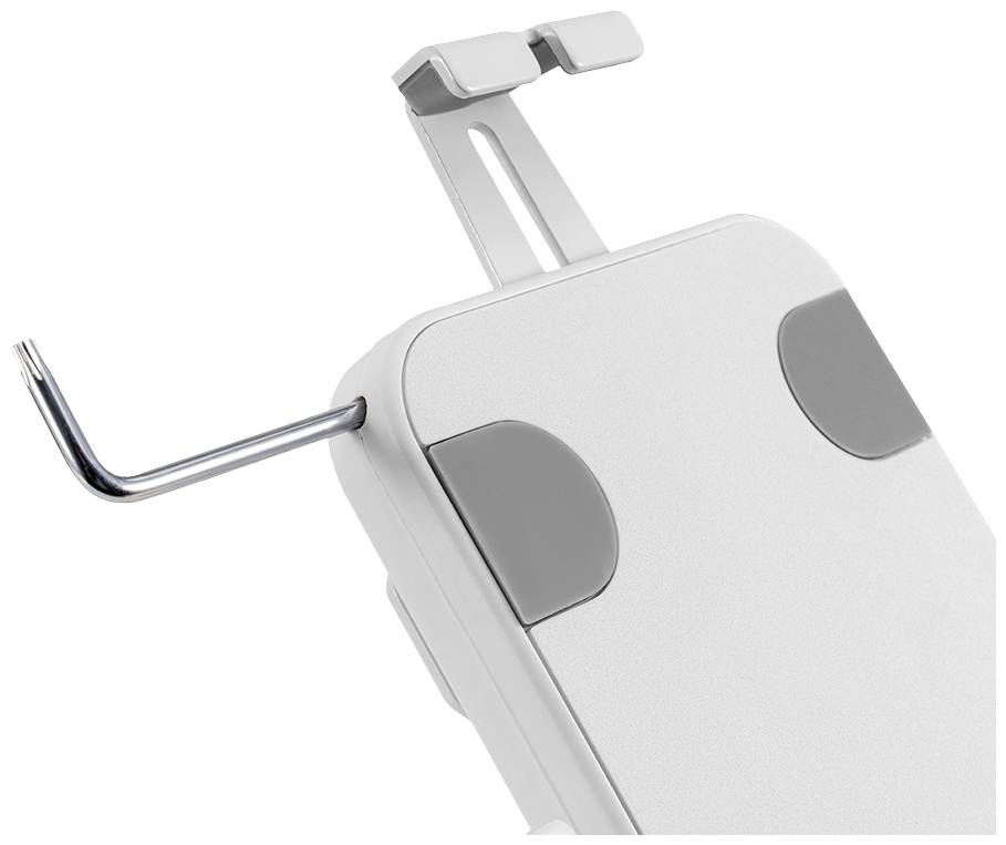 Uchwyt na narzędzia z tworzywa sztucznego z szarymi akcentami i metalowym hakiem.