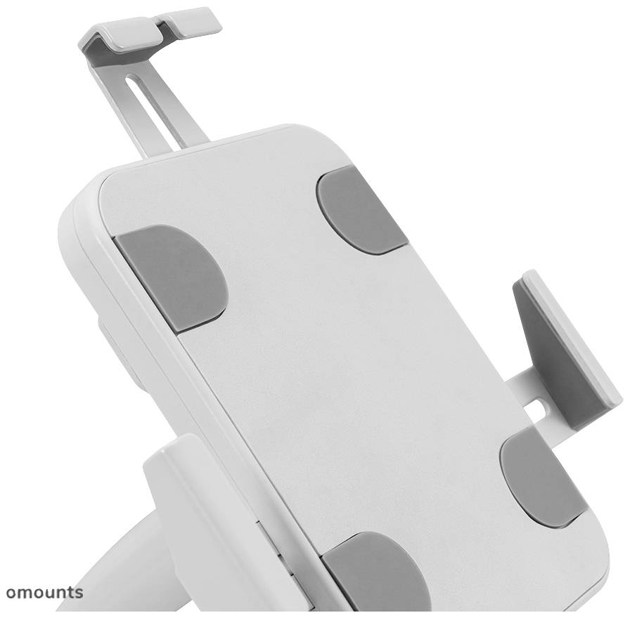 Jasnoszary stojak na tablet z regulowanymi uchwytami i antypoślizgowymi podkładkami gumowymi, odpowiedni do bezpiecznego umieszczania urządzeń.