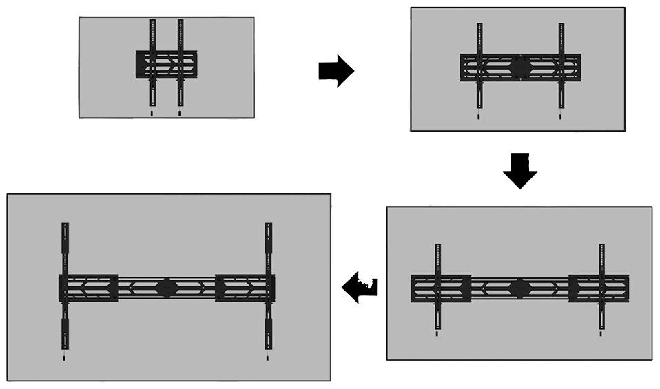 Instrukcja obrazkowa montażu uchwytu. Przedstawia kroki dopasowania pozycji w czterech kierunkach: góra, prawo, dół, lewo.