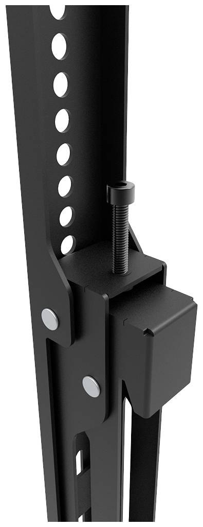 Czarna metalowa rama z regulowanym mocowaniem i otworami do regulacji wysokości, prawdopodobnie element regału lub stojaka.