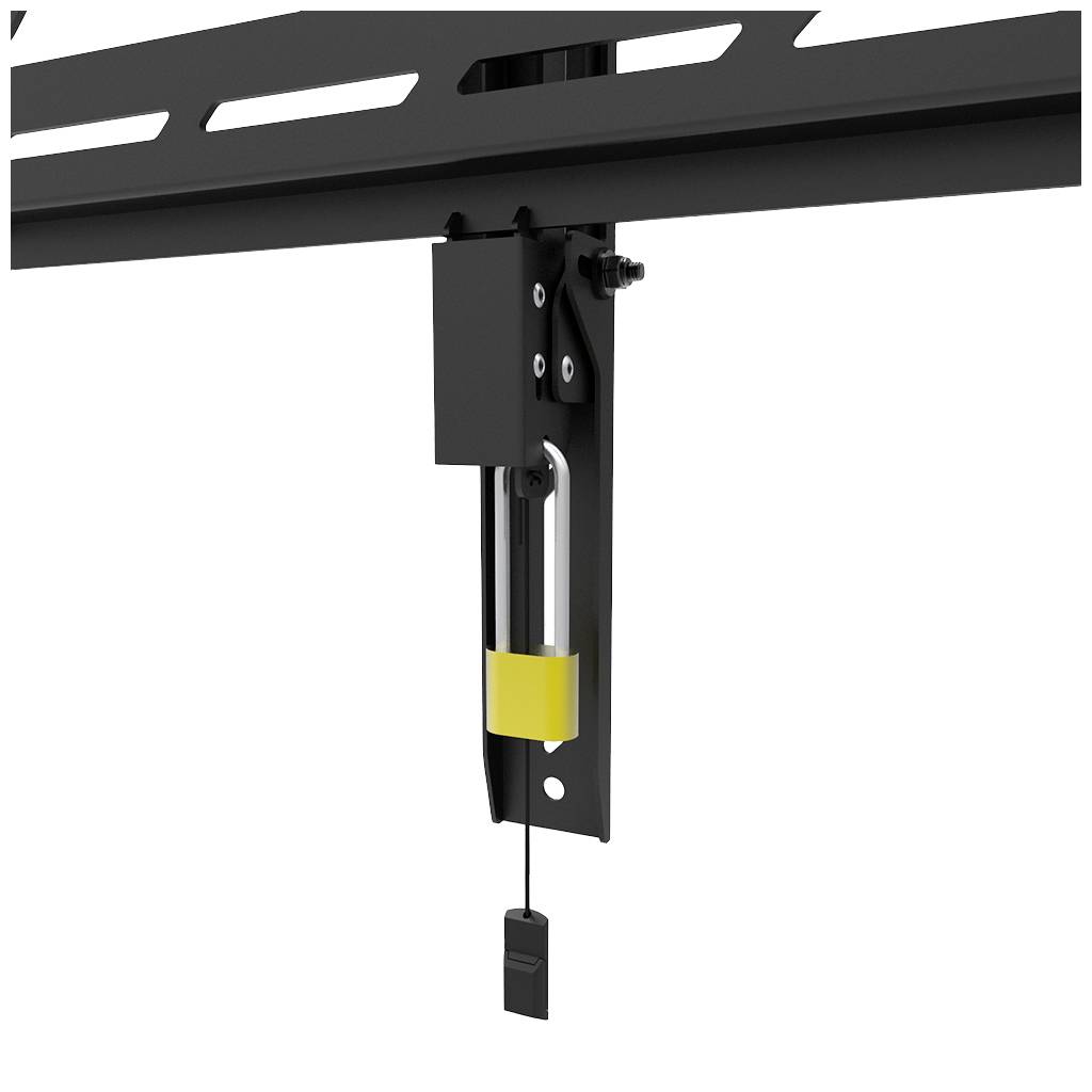 Zbliżenie czarnego elementu metalowego z żółtym oznaczeniem i przewodem. Wygląda na regulowany system szynowy.