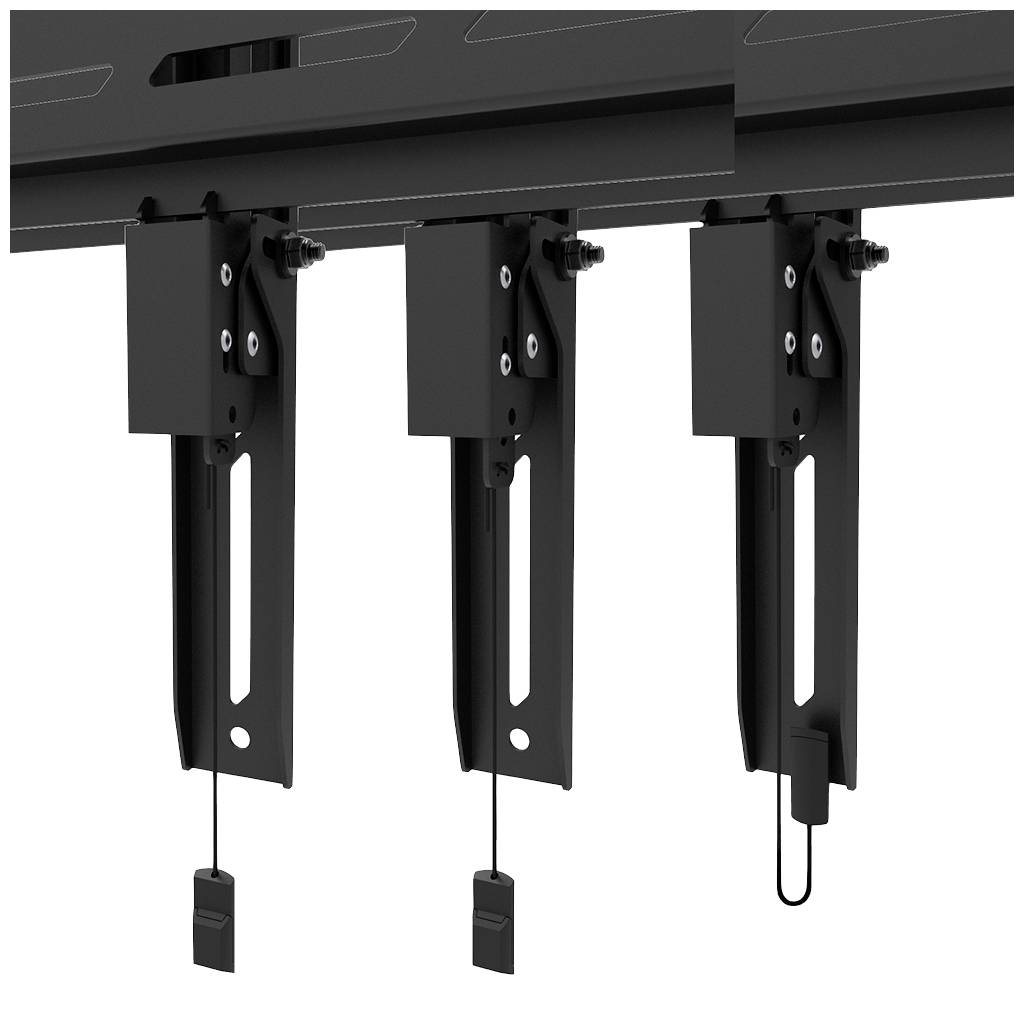 'Dwie czarne uchwyty montażowe do zawieszenia na ścianie, które można przesuwać wzdłuż szyny. Odpowiednie do telewizorów lub monitorów.'