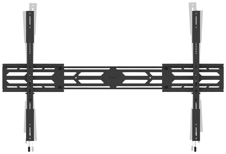 Uchwyt ścienny do telewizora lub monitora, w kolorze czarnym, z regulowanymi ramionami i szynami montażowymi. Przystosowany do różnych rozmiarów ekranów.