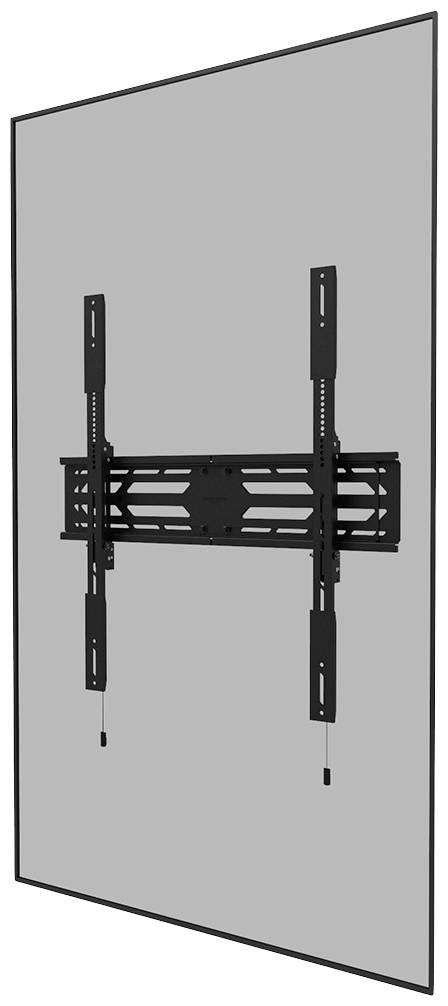 Uchwyt ścienny do telewizora z regulowanymi ramionami, zamocowany na ścianie, przedstawiony na rysunku technicznym.