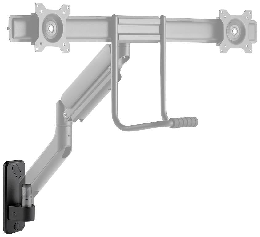 Regulowany uchwyt na monitor z wieloma przegubami do zamocowania na biurku, przeznaczony dla dwóch ekranów.