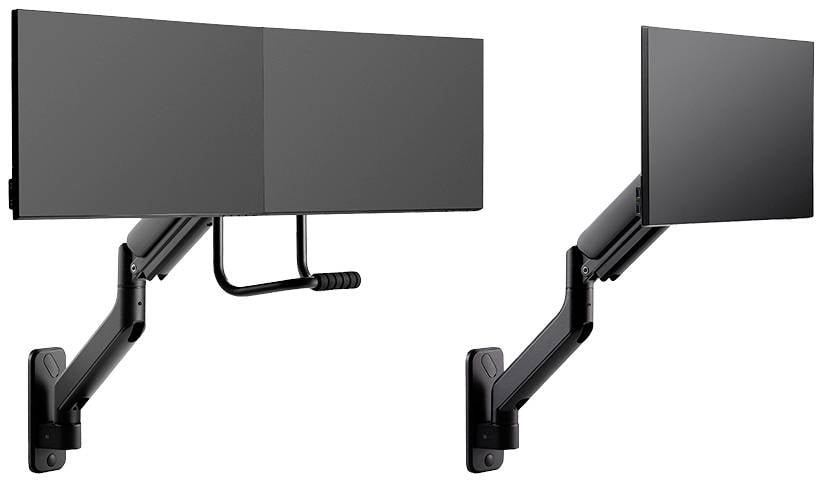 Dwie czarne, ścienne uchwyty do telewizora z regulowanymi ramionami, przedstawione w pozycji rozłożonej i złożonej, przeznaczone do mocowania ekranów.