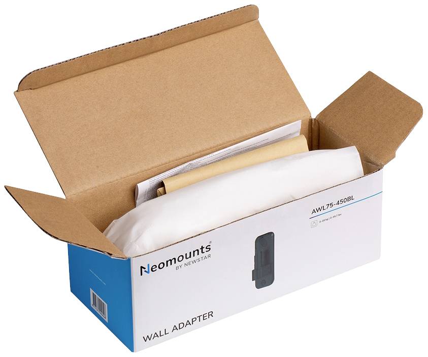 Otwarty karton z adapterem ściennym marki Neomounts, model AWL75-450BL, zawiera materiały opakowaniowe i element metalowy.