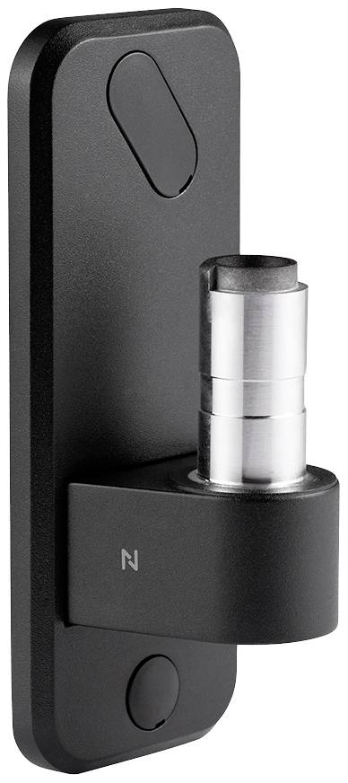 Czarne, nowoczesne zamek do drzwi z cylindrycznym metalowym ryglem, rozpoznawalny przez zaokbudowaną obudowę i symbol N.