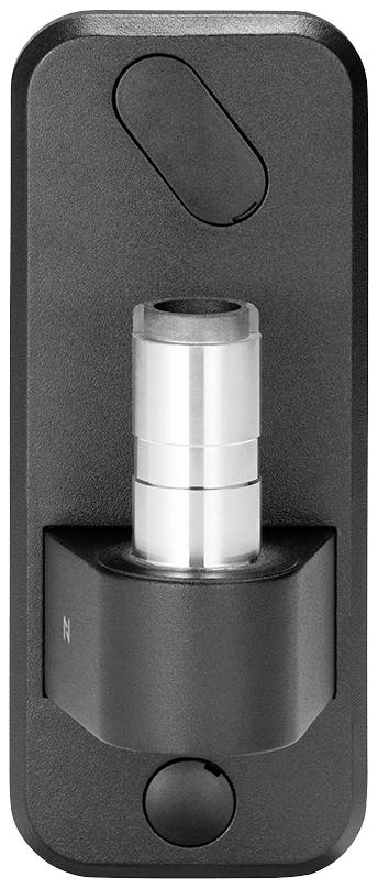 Nowoczesny, pionowy zamek do drzwi o gładkiej, czarnej powierzchni i srebrnym cylindrze, przeznaczony do drzwi antywłamaniowych.