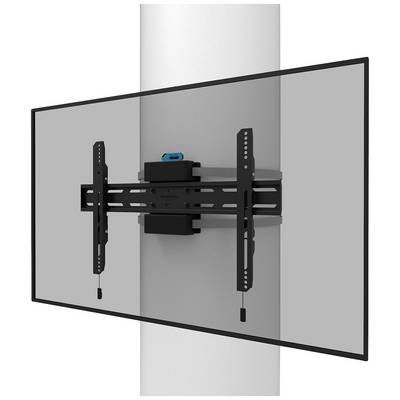 Uchwyt telewizyjny zamocowany do pionowej rury przedstawia mechaniczną strukturę podtrzymującą ekran.