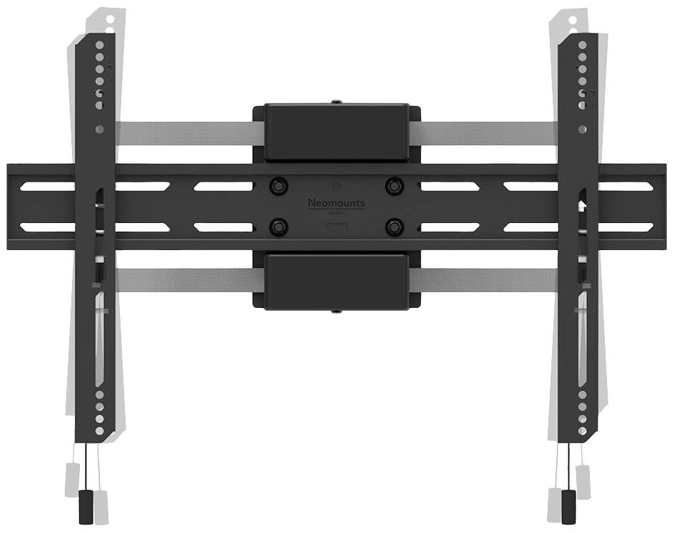 Uchwyt ścienny do telewizora, czarny, z dwoma regulowanymi ramionami i szynami montażowymi, odpowiedni dla różnych rozmiarów ekranów.