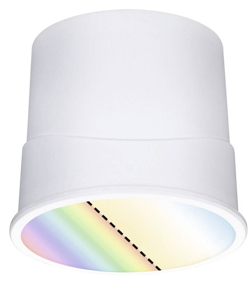 Biały cylindryczny plafon sufitowy przedstawia spektrum kolorów z ciągłą czarną linią przebiegającą przez środek.