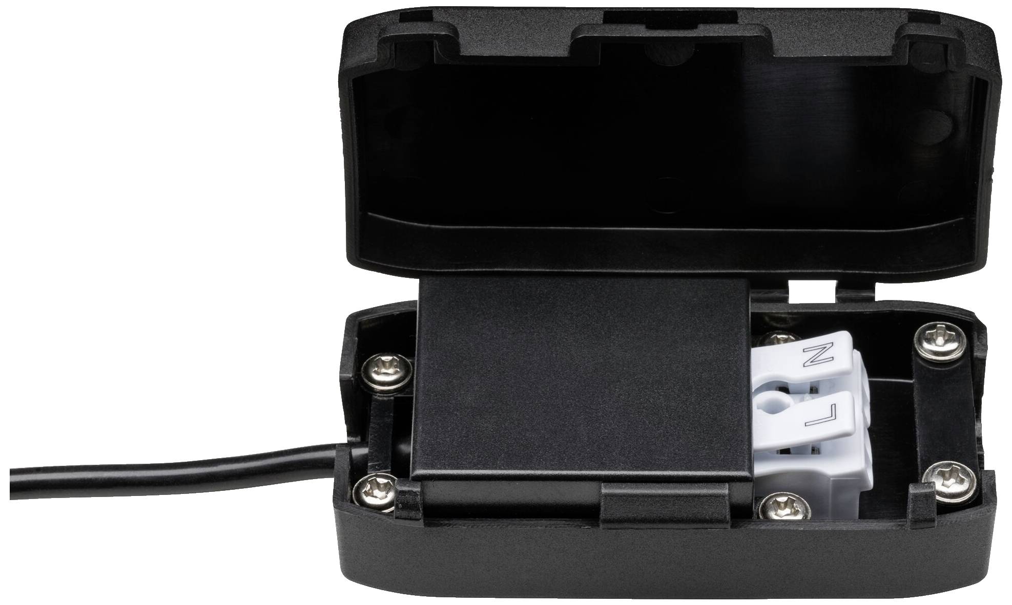 Czarna elektryczna skrzynka przyłączeniowa z otwartą pokrywą prezentuje wewnętrzne zaciski L i N, do których podłączony jest przewód.