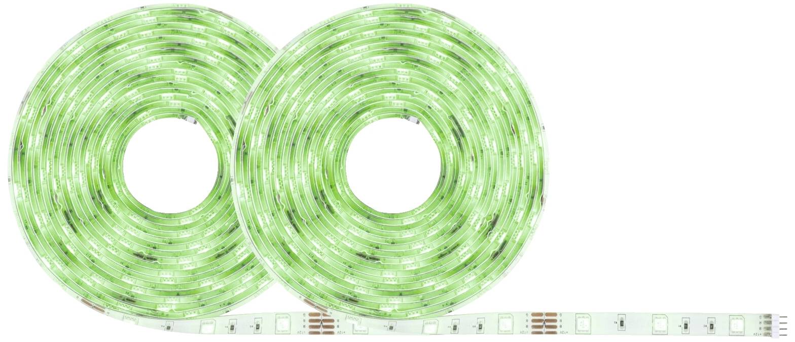 Dwa zielone paski LED zwinięte na białym tle, z krótkim, rozłożonym odcinkiem przy dolnej krawędzi.