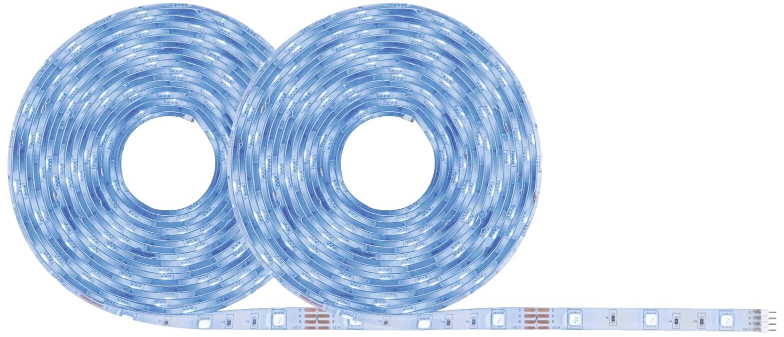 Dwa zwinięte niebieskie paski LED ułożone obok siebie oraz ucięty fragment paska na dolnej krawędzi zdjęcia.