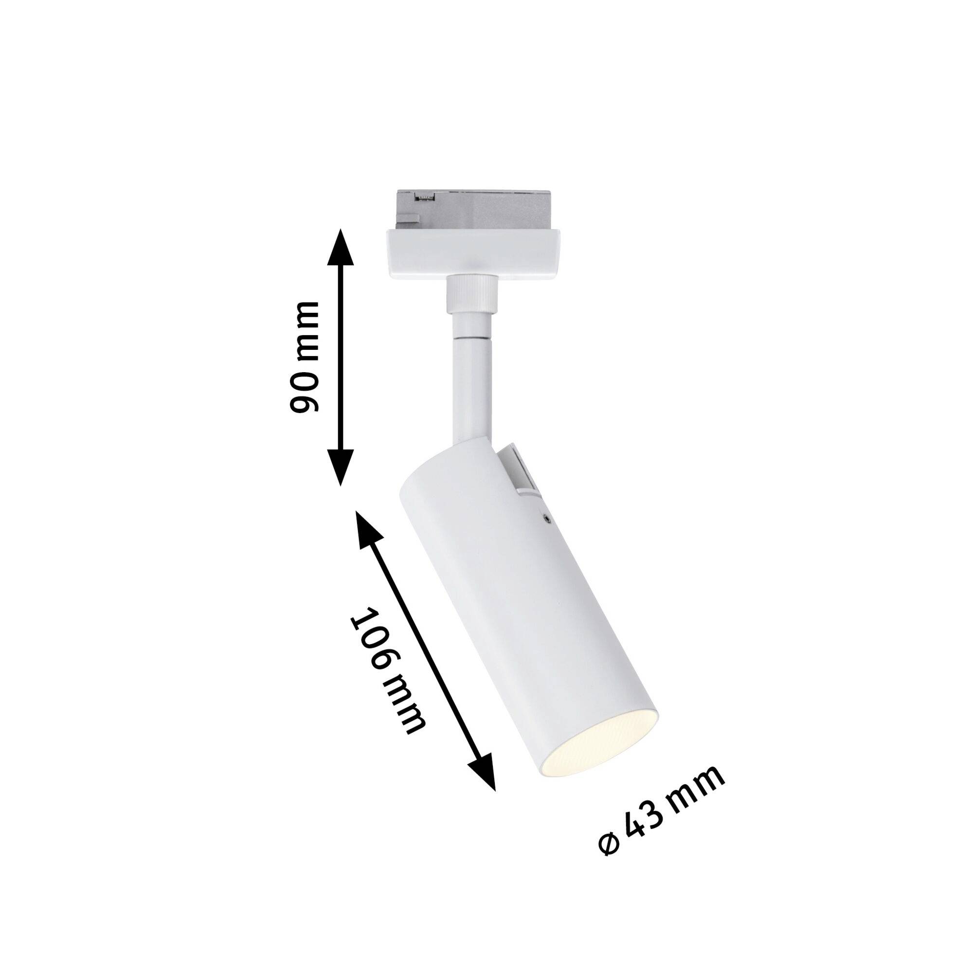 Biały cylindryczny reflektor o wymiarach 90 mm wysokości, 106 mm długości i średnicy 43 mm.