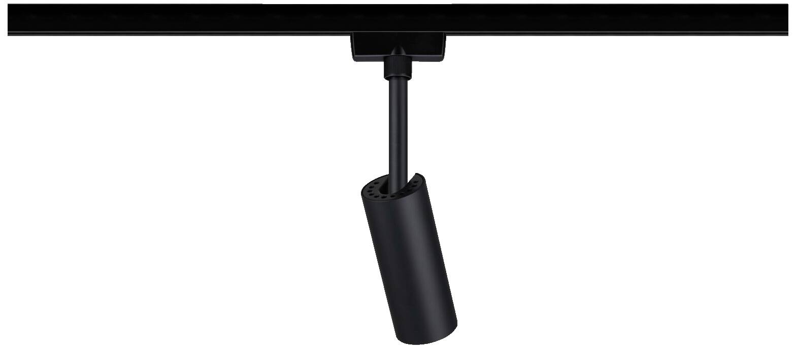 Czarna, podłużna lampa jest zamocowana na czarnej szynie, skierowana w dół i prawdopodobnie służy do oświetlenia punktowego.