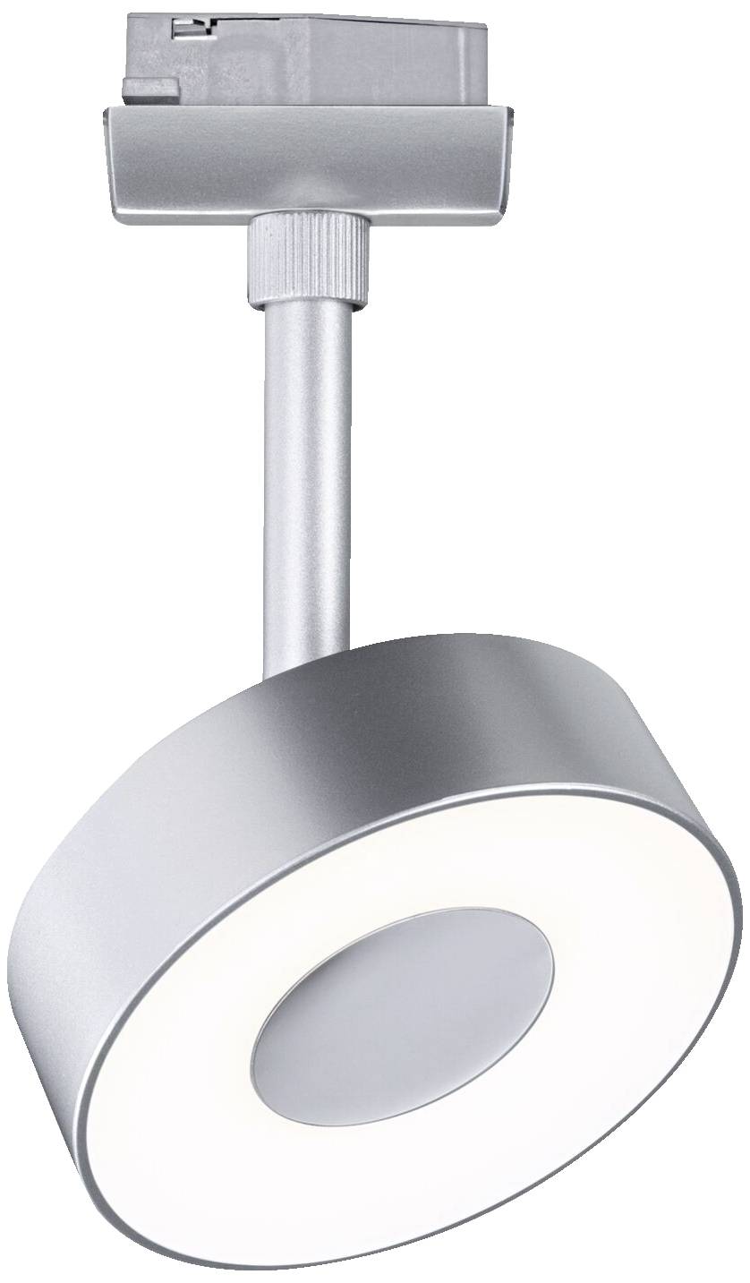 Lampa sufitowa w nowoczesnym stylu, w kolorze srebrnym, z okrągłym kloszem i cylindryczną podstawą.