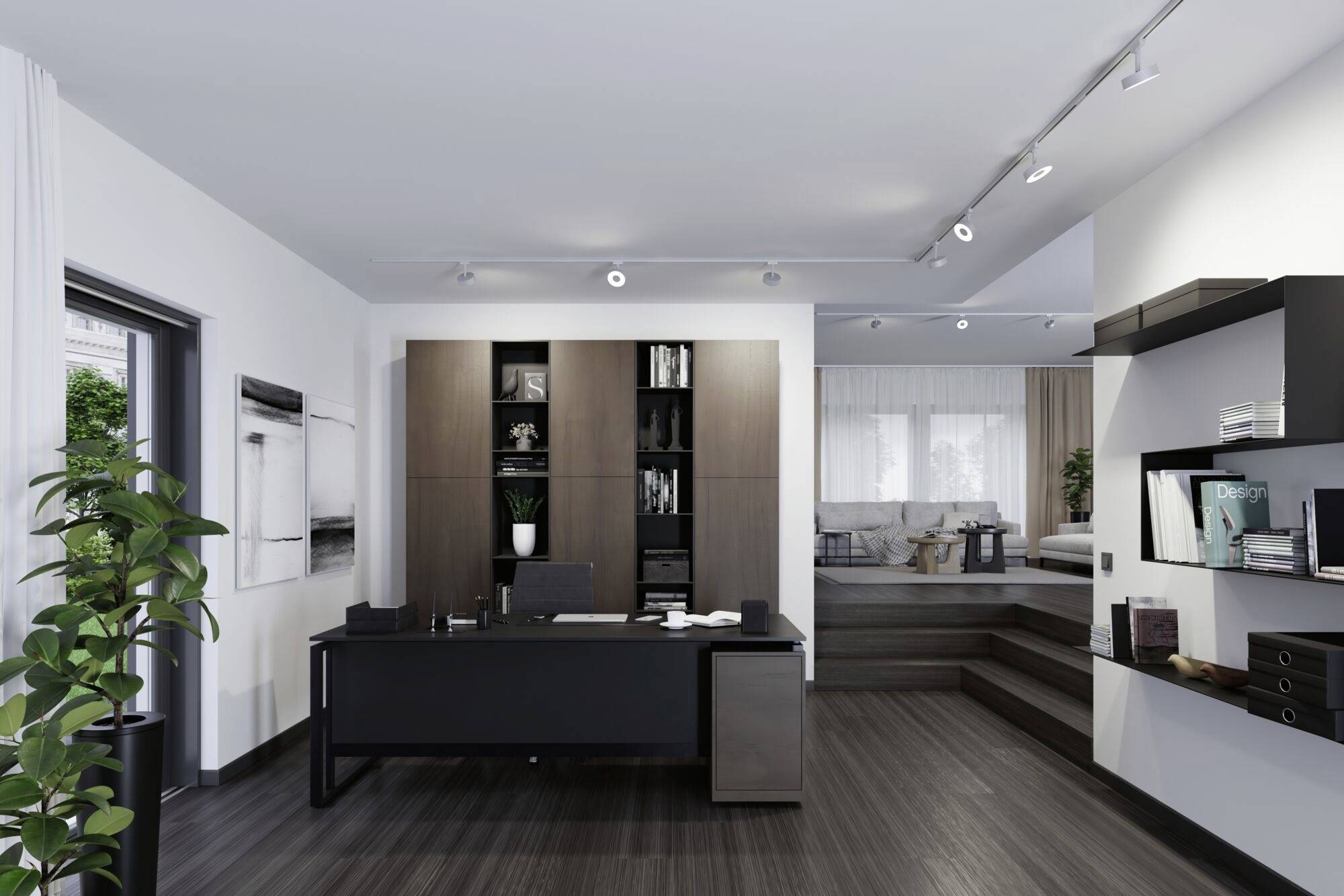 Nowoczesne biuro z dużym biurkiem, regałami na książki i roślinami. W tle widoczna jest strefa wypoczynkowa z sofą.