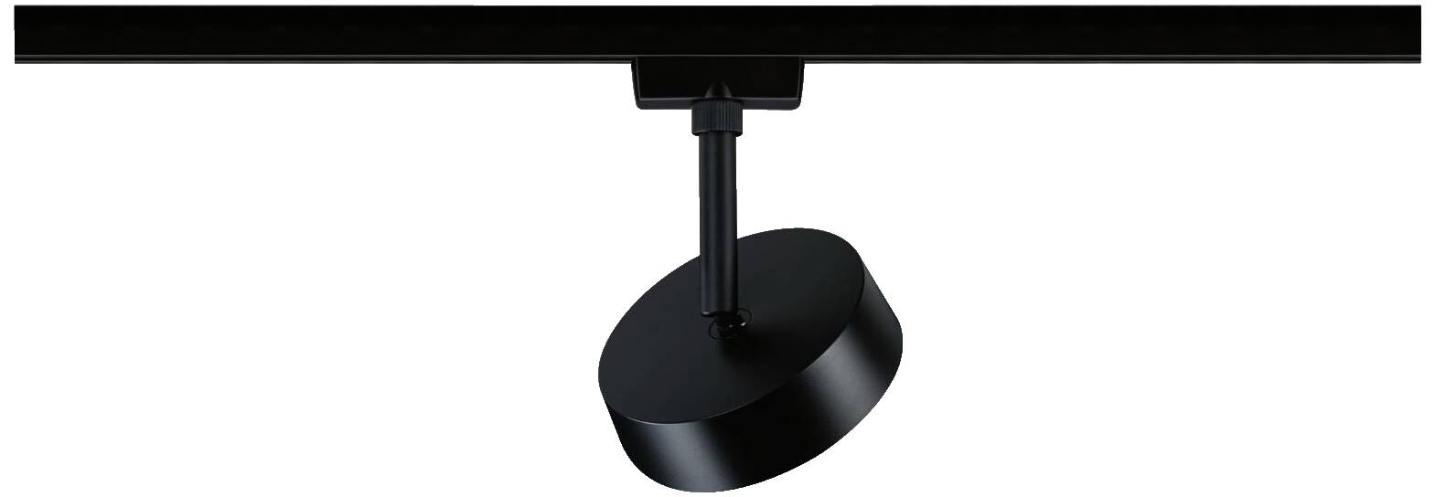 Pojedynczy czarny reflektor sufitowy zamocowany na szynie, skierowany w dół. Minimalistyczny design, idealny do oświetlenia wnętrz.