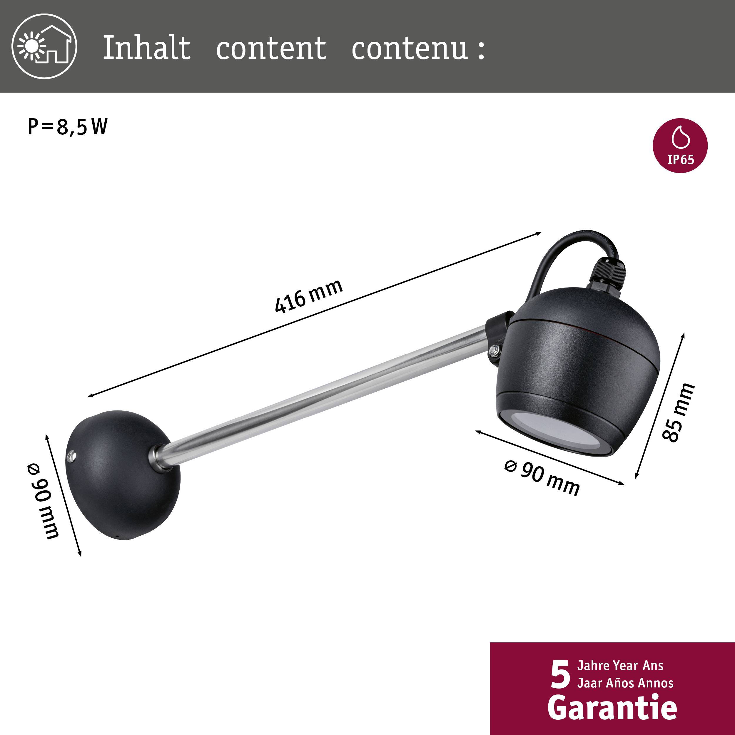 Zewnętrzna lampa LED z czujnikiem ruchu, IP65, 8,5W, wymiary: długość 416 mm, średnica 90 mm. Zawiera 5-letnią gwarancję.