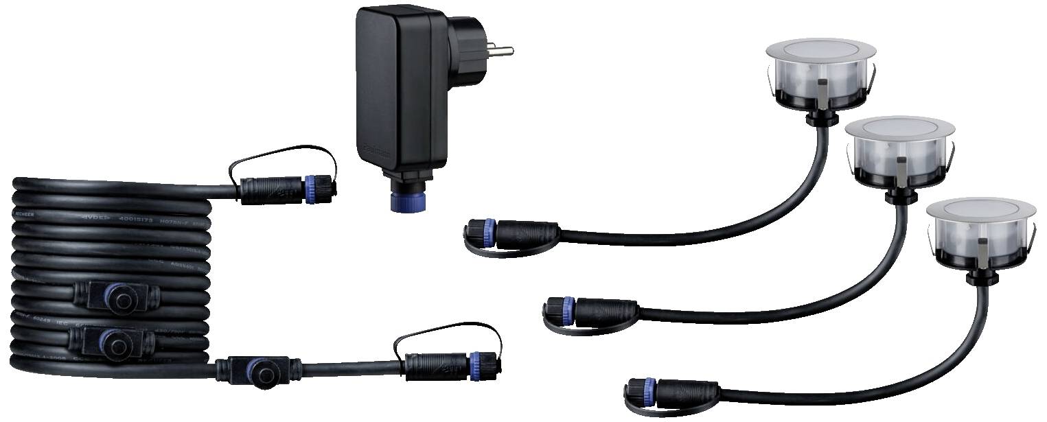 System oświetlenia ogrodowego z trzema okrągłymi lampami, połączonymi czarnymi kablami. Zawiera zasilacz i długie przewody połączeniowe.