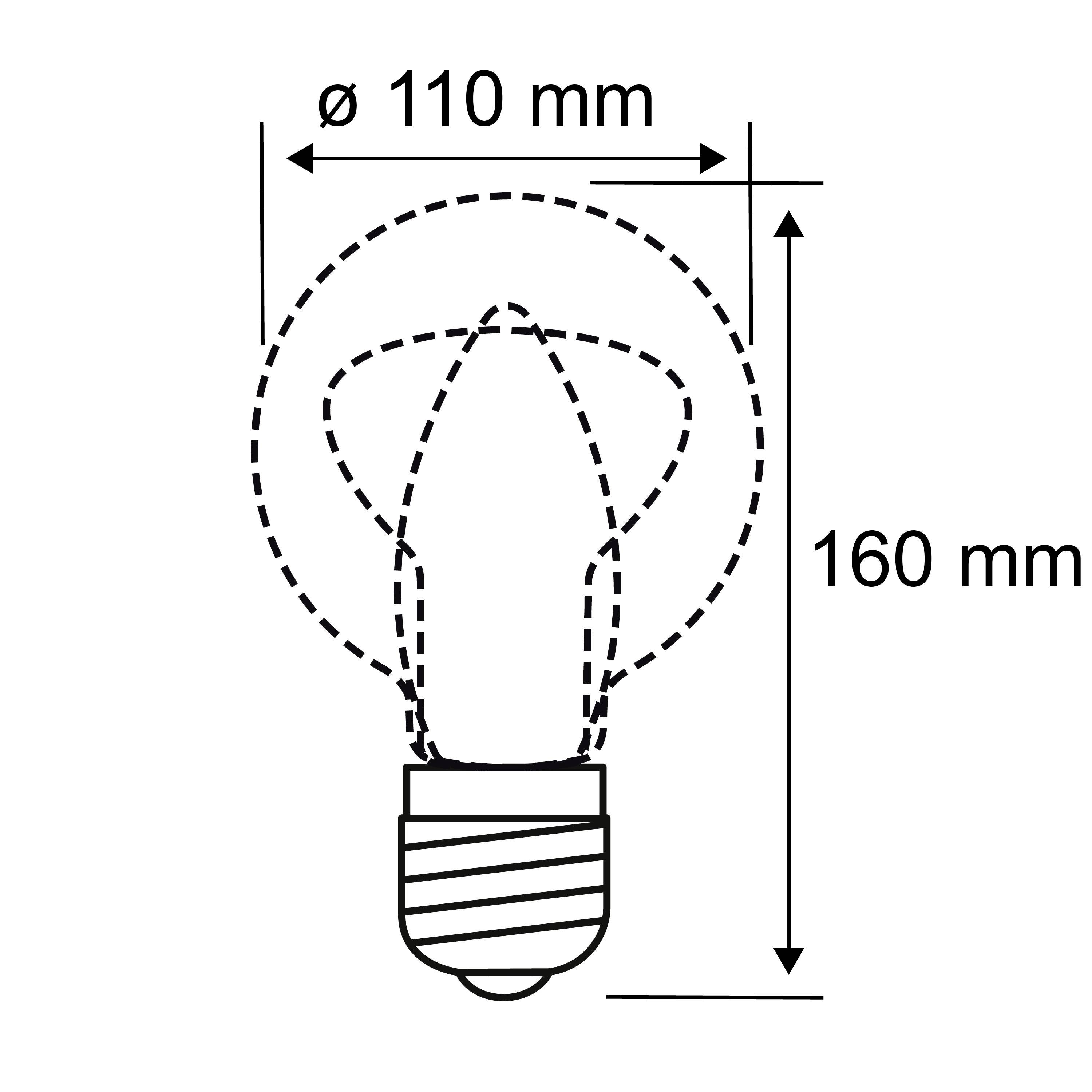 Szkic żarówki o wysokości 160 mm i średnicy 110 mm, oznaczony podwójnymi liniami.