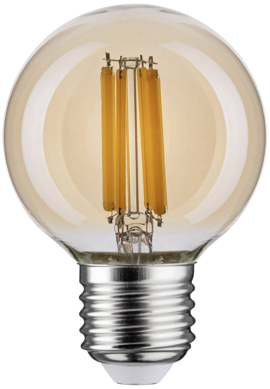 Żarówka z widocznym włóknem i gwintem, włączona.