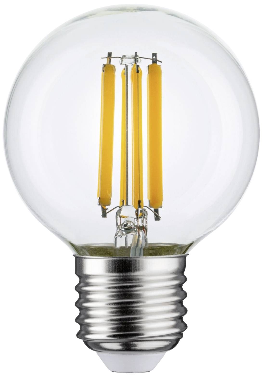 Żarówka LED z przezroczystym szkłem i widocznym włóknem w standardowym kształcie, odpowiednia do energooszczędnego oświetlenia.
