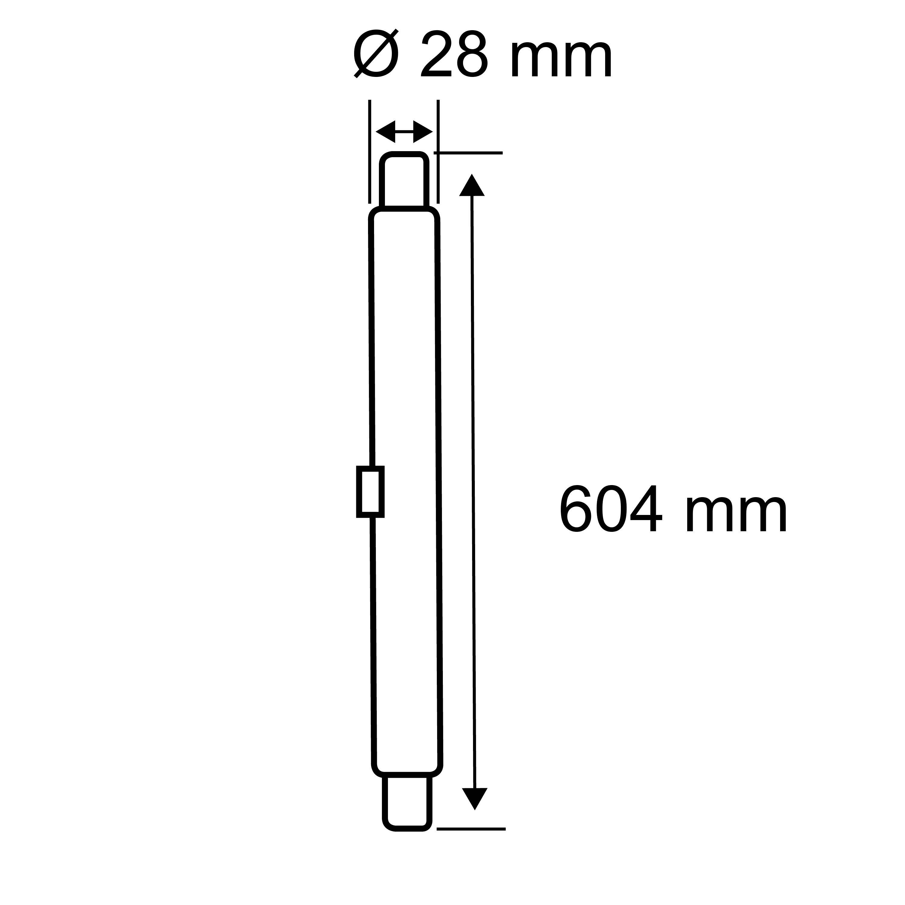 Projekt rury o wymiarach: średnica 28 mm, długość 604 mm.