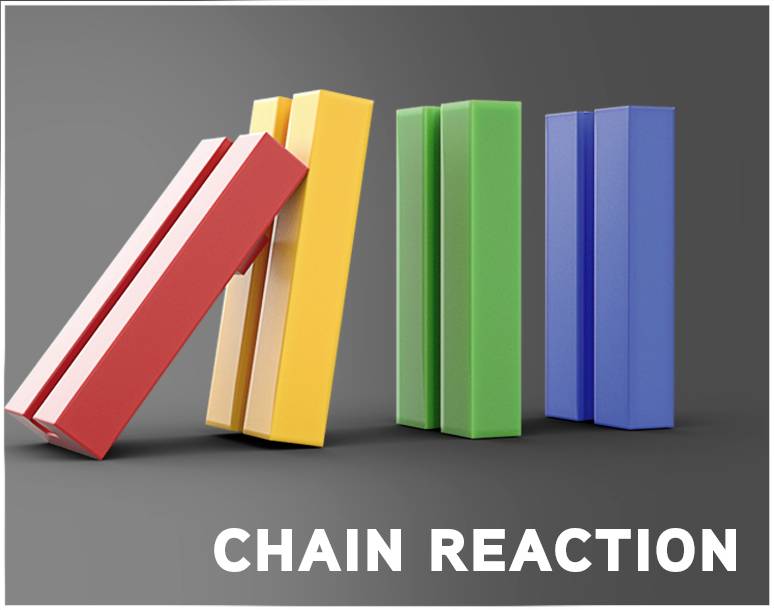 Kolorowa gra w domino z przewracającymi się kamieniami, które wywołują efekt łańcuchowy; żółte i czerwone kamienie spadają, zielone i niebieskie stoją.