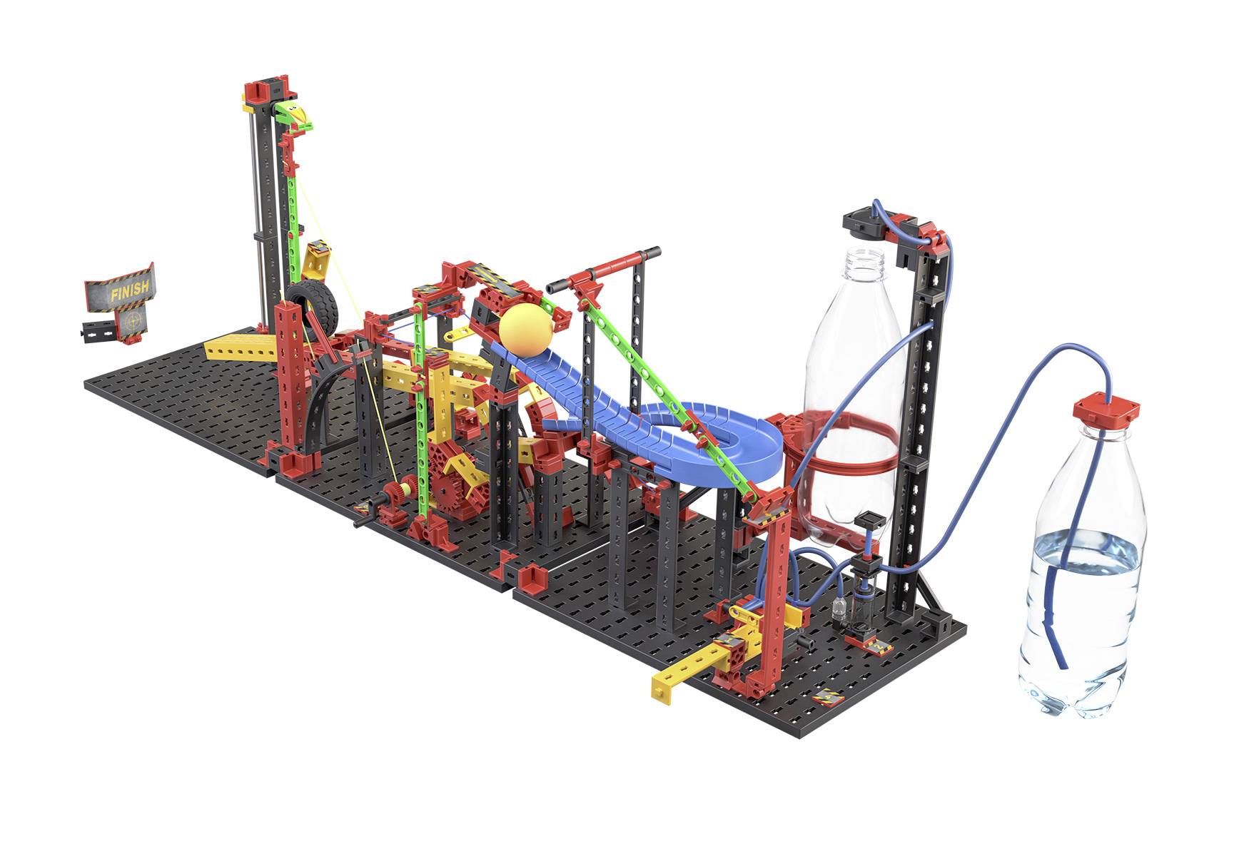 System modułowy przedstawia tor kulkowy ze składającymi się z czerwonych, niebieskich i żółtych elementów. W konstrukcję wbudowana jest butelka na wodę oraz przewody.