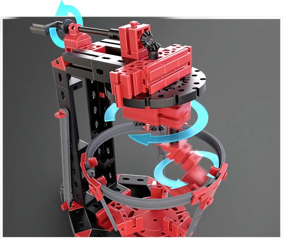 Konstrukcja złożona z czerwonych i czarnych elementów plastikowych, wskazująca ruch obrotowy w dół, z strzałkami ilustrującymi kierunek ruchu.